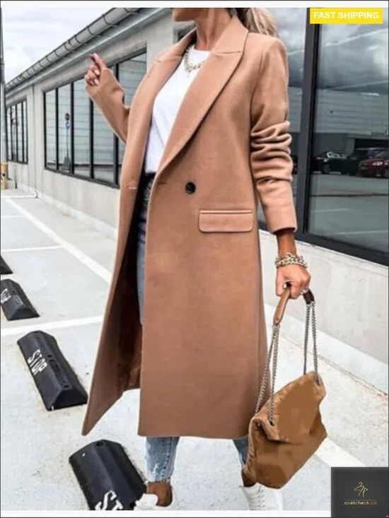 Classic Long Wool Pea Coat Notch Lapel Dressy Overcoat Fall Winter Chic - Picture 3 of 3